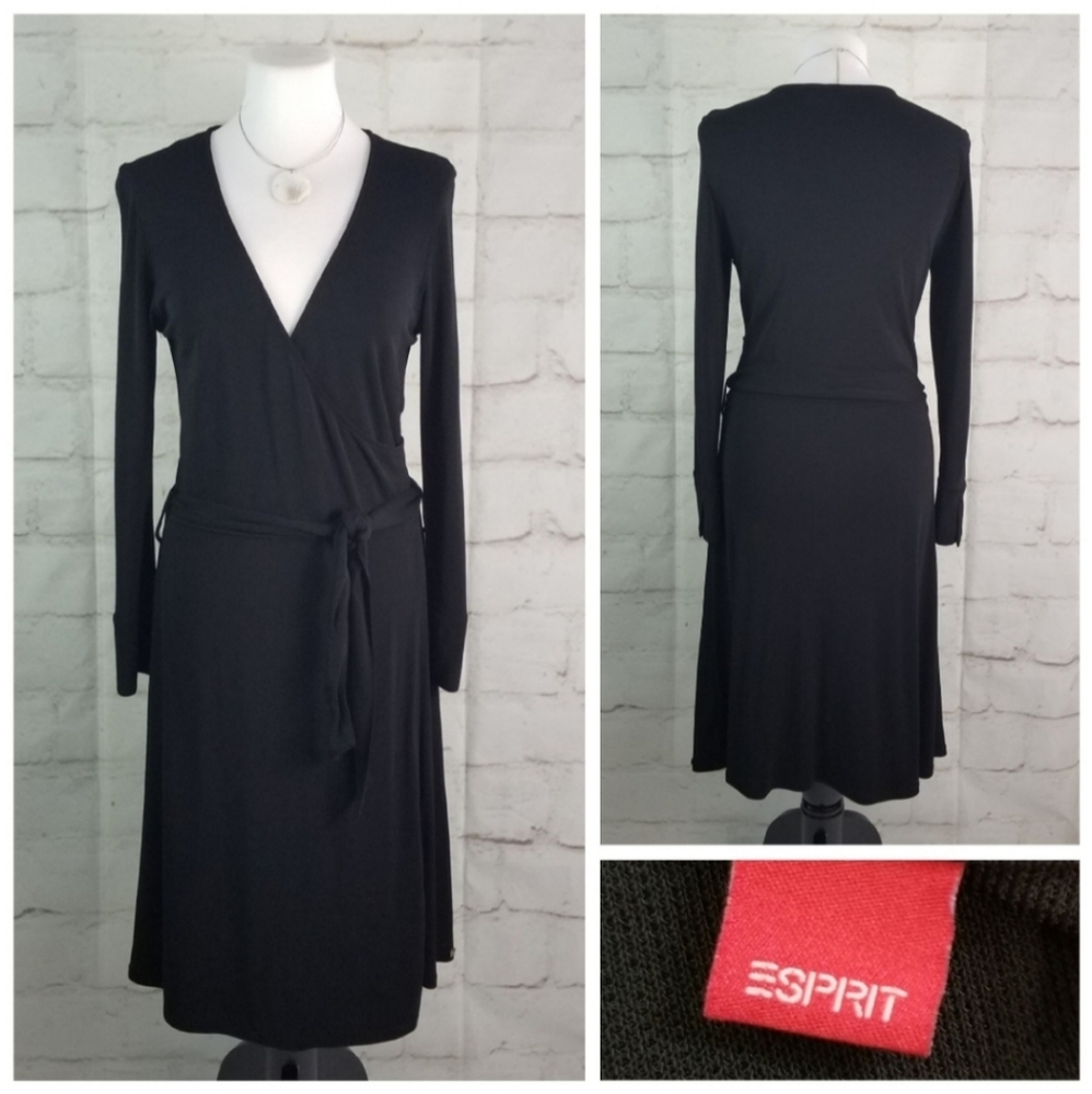 Esprit M Black Long Sleeve Drop Waist Crossover Bust Midi Dress Belted